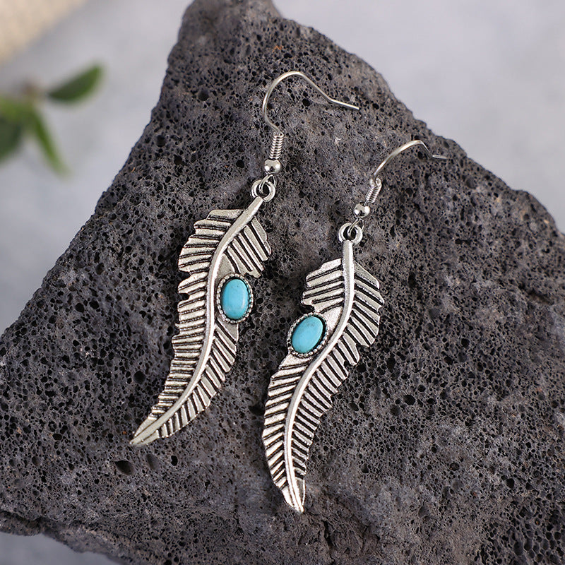 Wholesale Vintage Turquoise Feather Alloy Earrings